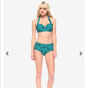 Teal Skull and Roses High waisted Ruffle Swimsuit